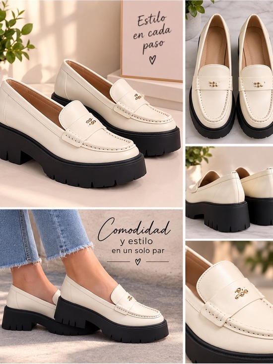 Coach Shoes - Coach Cream Leather Platform Loafers with Black Lug Sole